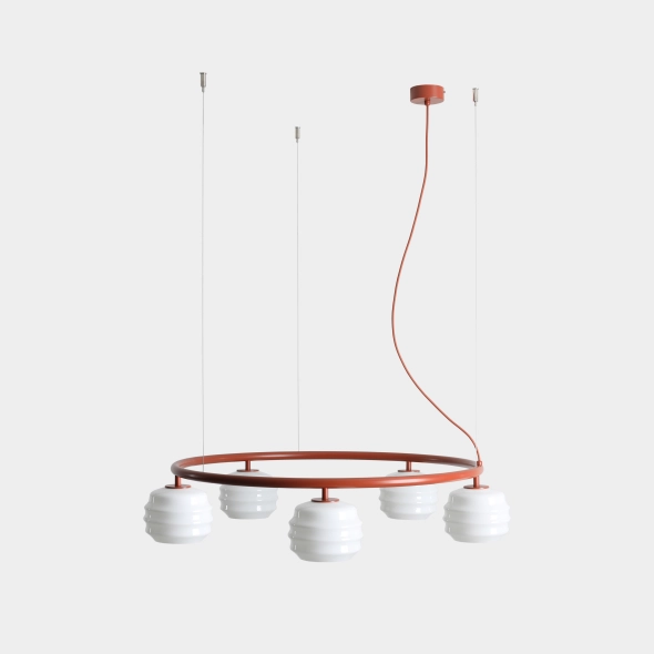 Okrągła lampa wisząca 5-płomienna w kolorze terakoty ze szklanymi kloszami PUFF 5 RING TERRA