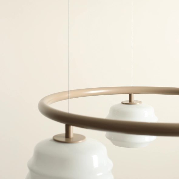 Runde Pendelleuchte in Beige mit drei Glasschirmen PUFF 3 RING BEIGE