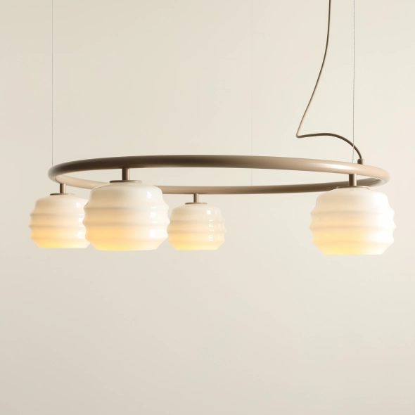 Okrągła lampa wisząca 5-płomienna w beżowym kolorze ze szklanymi kloszami PUFF 5 RING BEIGE